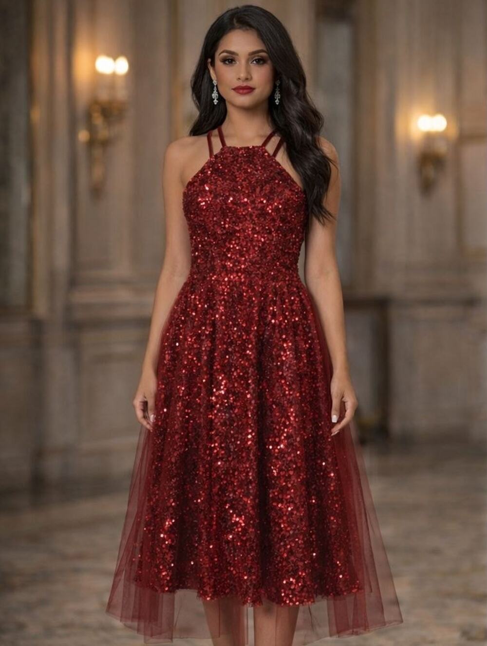 NWT Vip & Diamond Bridal Womens Red Sequin Velvet TulleTrain Halter Gown Size 14
